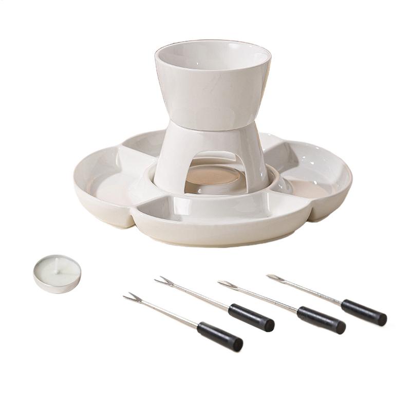Ceramic Fondue Maker Set With Fork And Tray Candle Heating Melt Hot Pot Bowl Set For Cheese Chocolate Candy