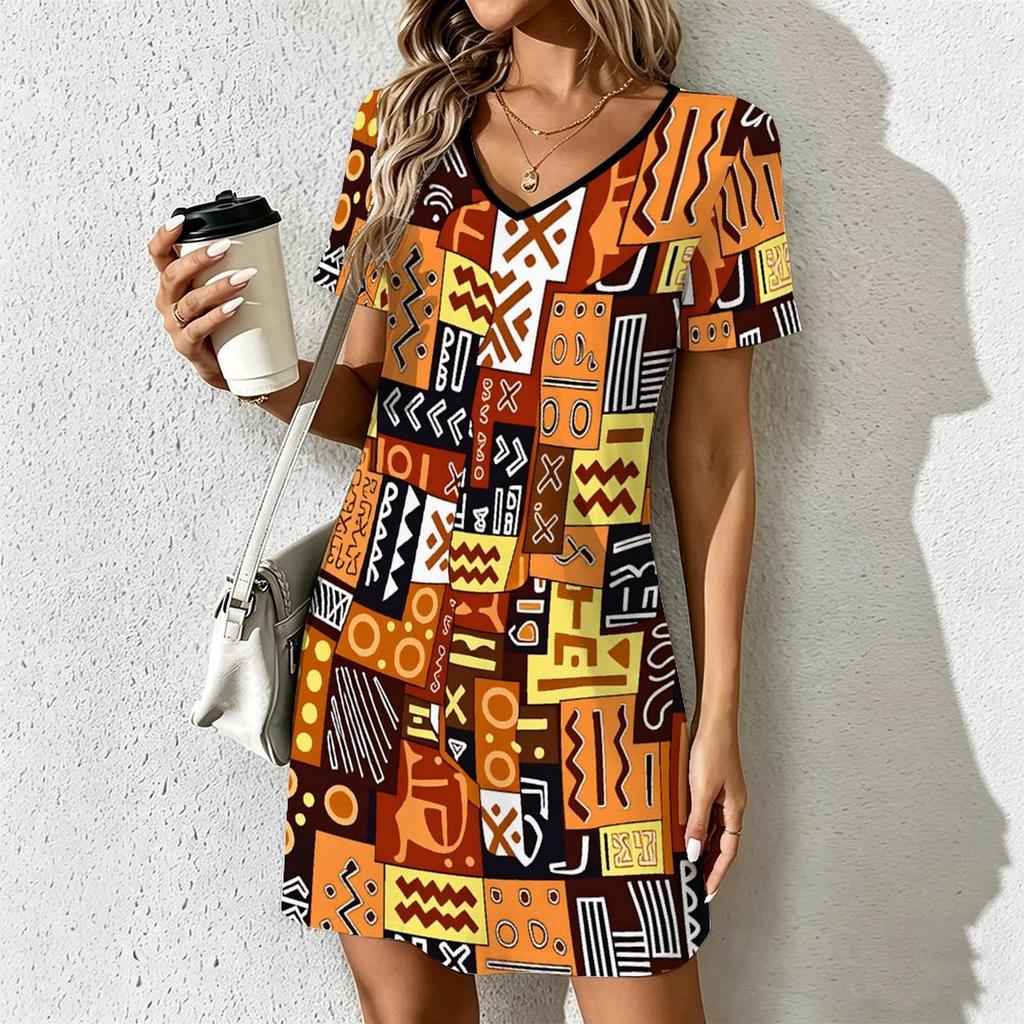 Summer Fashion Women's V Neck Short Sleevecontrast Color Printing Printed Dress Sex Short Skirt Dresses