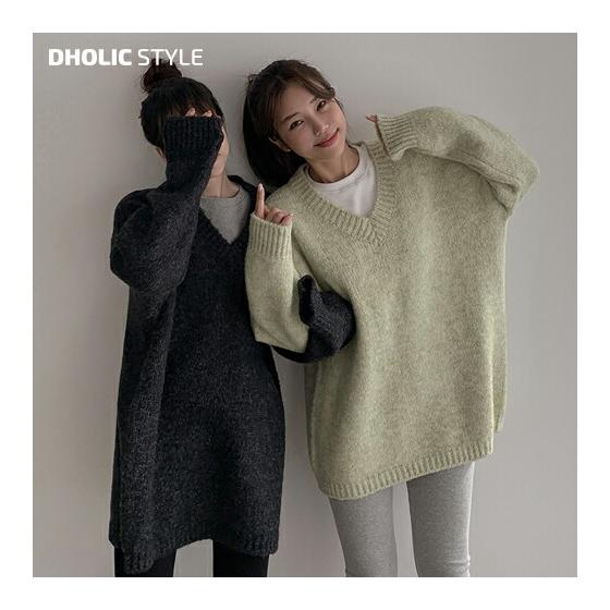V-neck long knit p460324 Women s [Tops] Tops Knit Long Sleeve Single Color Plain Simple Basic Long Length V-neck Loose Drop Shoulder Body Cover Loose