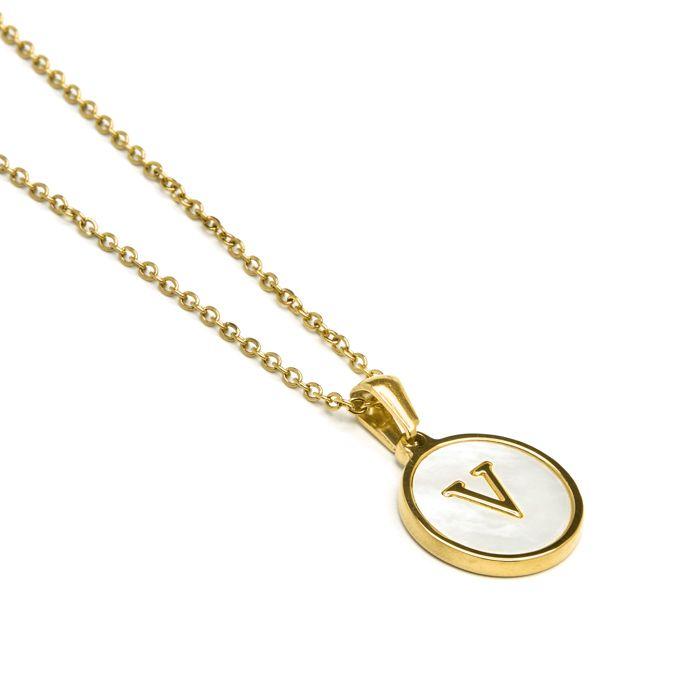 Collier - LUXENTER - Alphabet V - Nacre blanche - Or jaune 18K - 42 cm + 3 cm d'extension