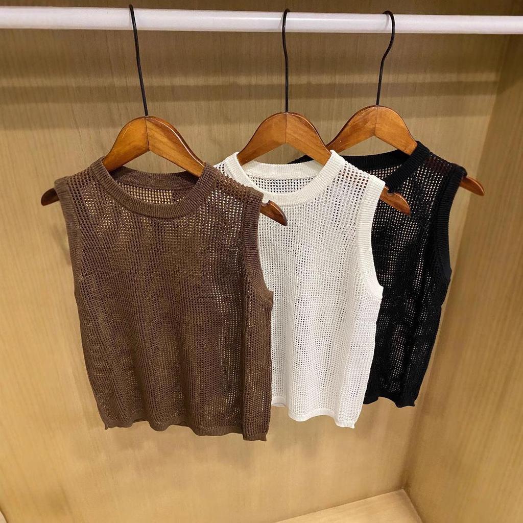 2025 Women's Sleeveless Knitted Mesh Cutout Round Neck Vest - Versatile Spring/Summer Top
