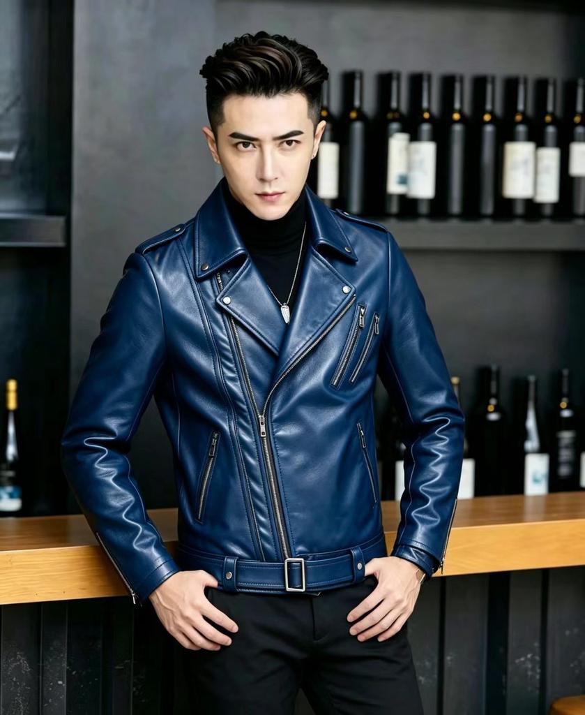 Spring and autumn new elegant men's motorcycle leather jacket, collared multi-zip men's leather jacket, large men's coat