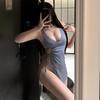 Sex underwear deep V French sexy, waist pumping pleated high split hip wrap thin lace-up strap pure desire suspender skirt