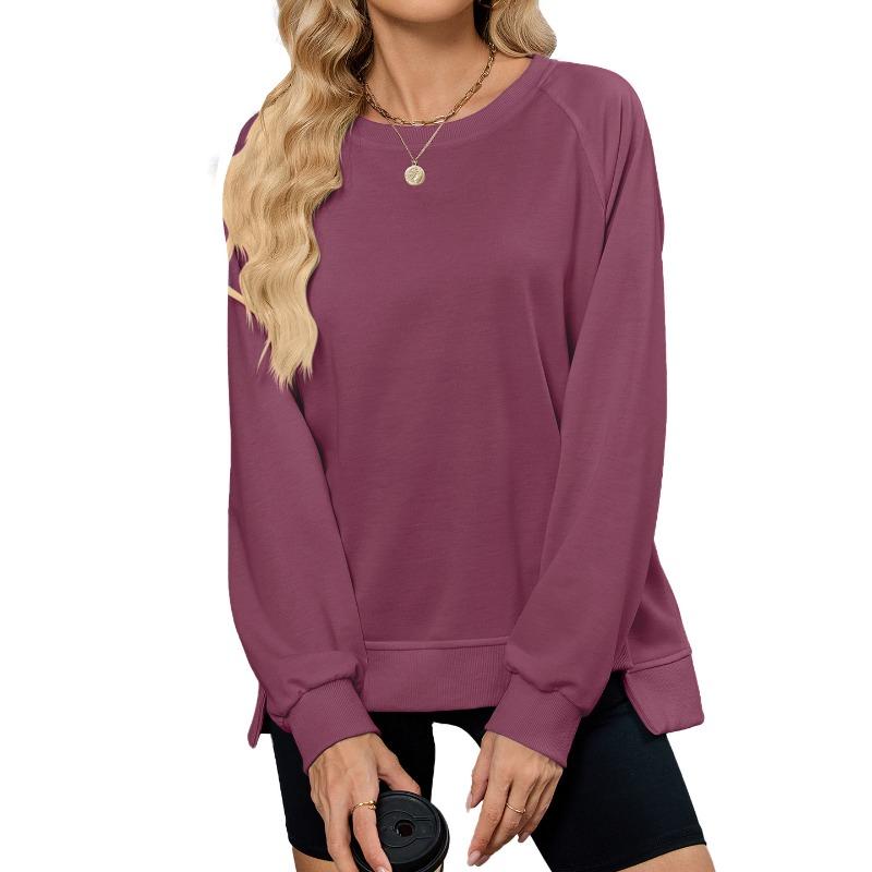 Damen Herbst und Winter Neu Einfarbig Gerippt Rundhals Langarm Lockeres Sweatshirt Top