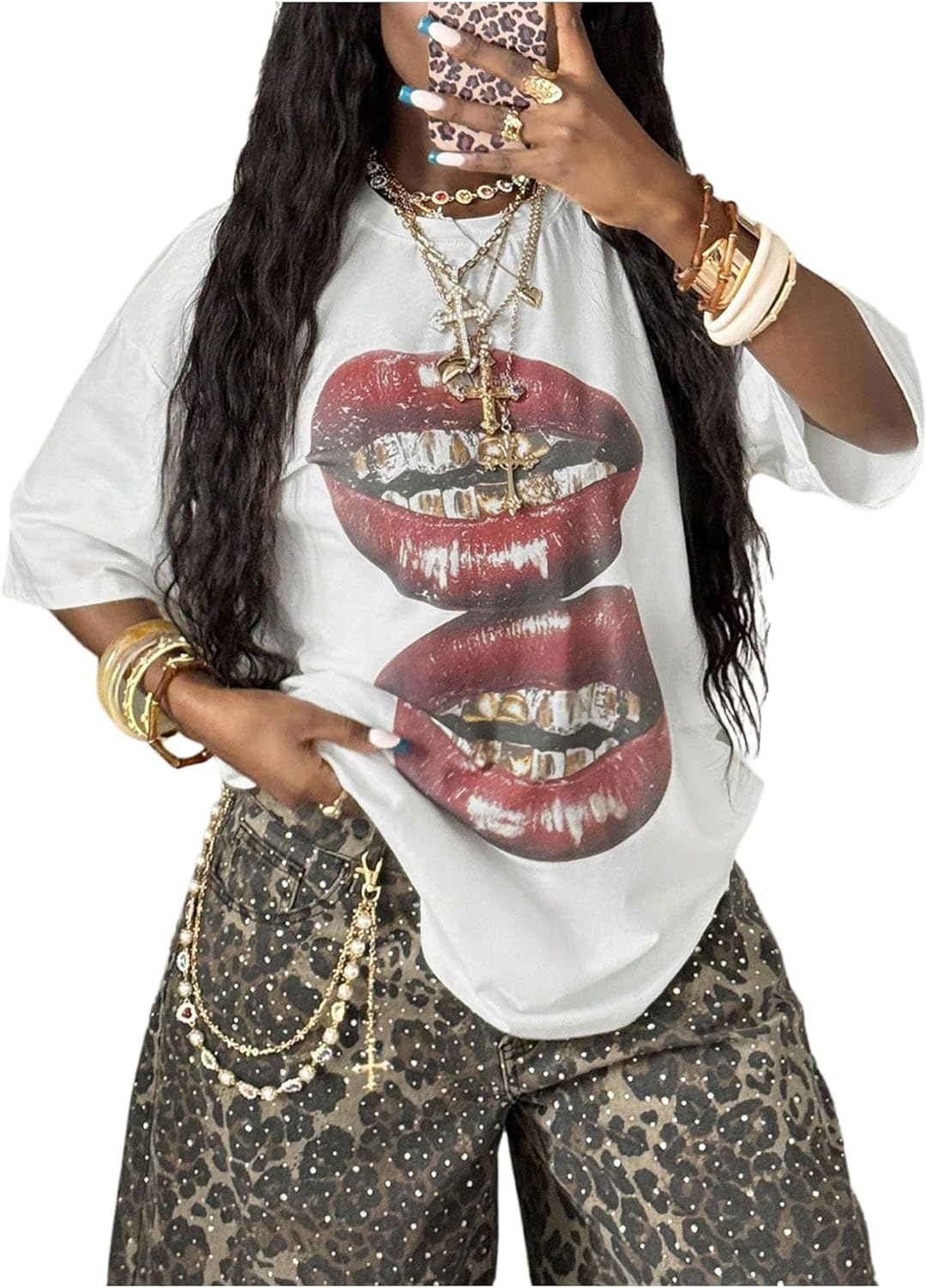 

QJQ Women s Lip Graphic Tees Crewneck Short Sleeve Tshirts Summer Streetwear Vintage Tops 2026 White One Lip 5XL різнокольоровий