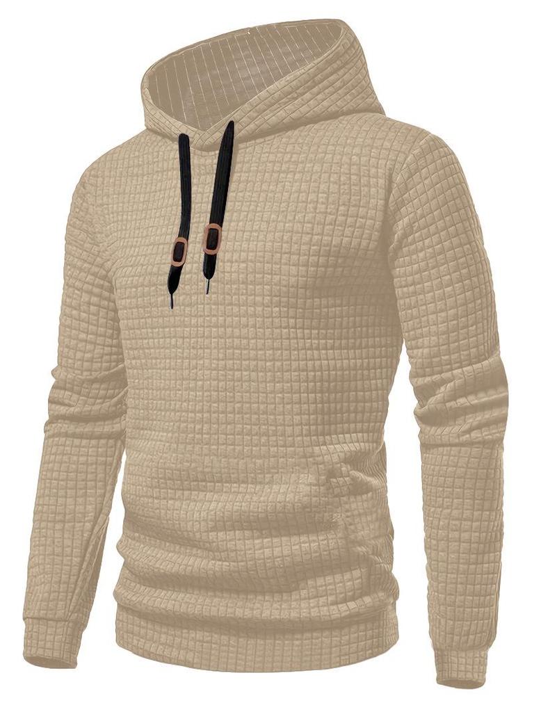 European Long Sleeve Hooded Men's Hoodie with Drawstring Jacquard Checkered Patchwork.