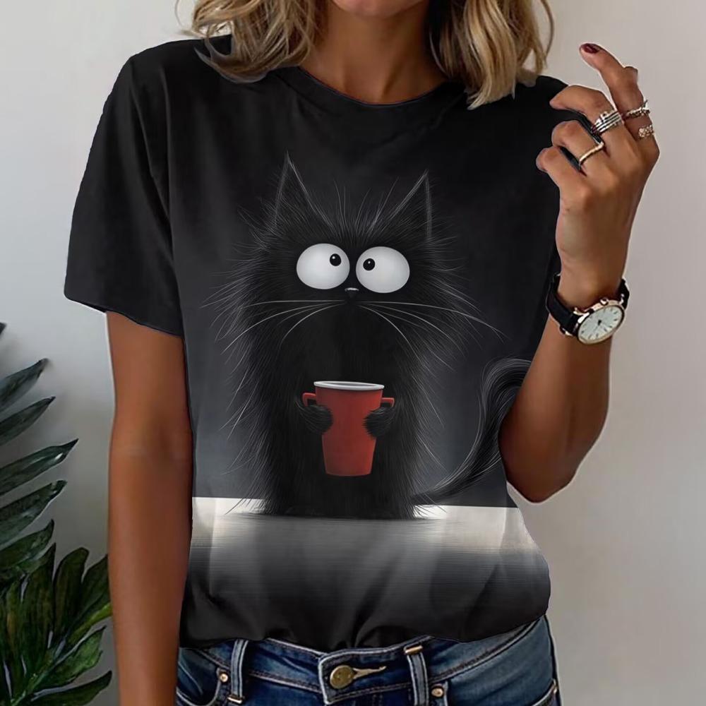 

Multi-design Women s 3D Cartoon Cat Print T-Shirt Casual Short Sleeve Crew Neck Summer Blouse XXS