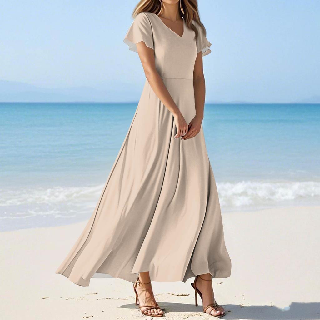 Women's Summer Casual Fashion Solid Color Dresses V-Neck Short Sleeve Dresses