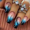 Trendy Blue Gradient Flame Medium Nail Tips – European & American Style