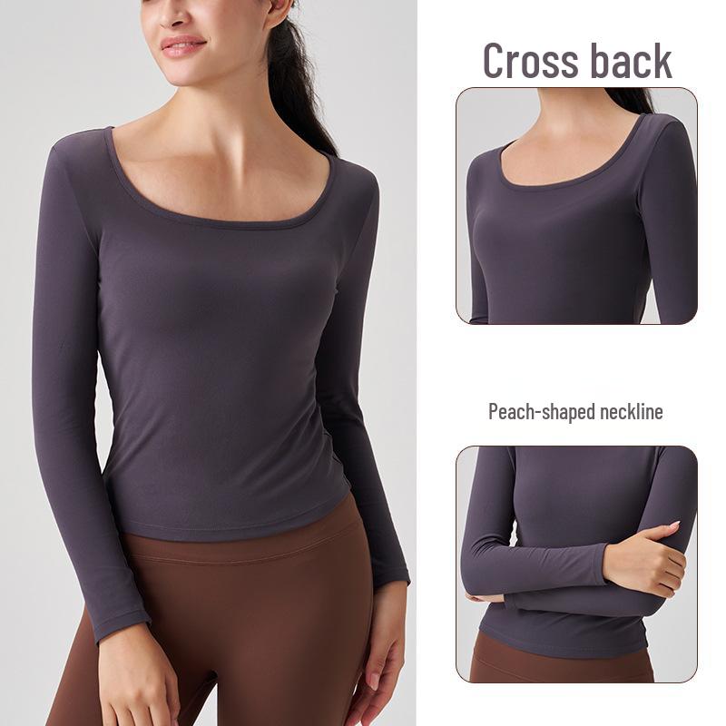 SNU Nude Feeling Women's Slimming Square Neck Long Sleeve Yoga Top - Flattering High-End Pilates & Outdoor Fitness Sportswear