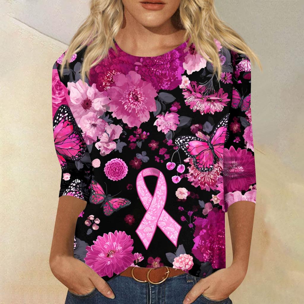 Dámské módní ležérní tričko s potiskem, kulatým výstřihem a sedmidílným rukávem, volného střihu