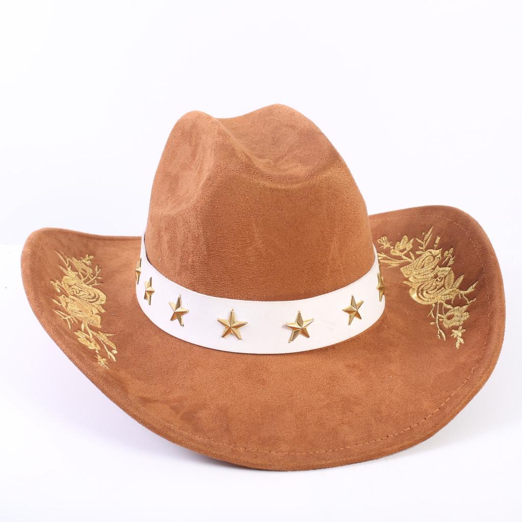 Popular European and American Classic Suede Western Cowboy Hat Men's and Women's Big Brim Embroidered Outdoor Sun Hat