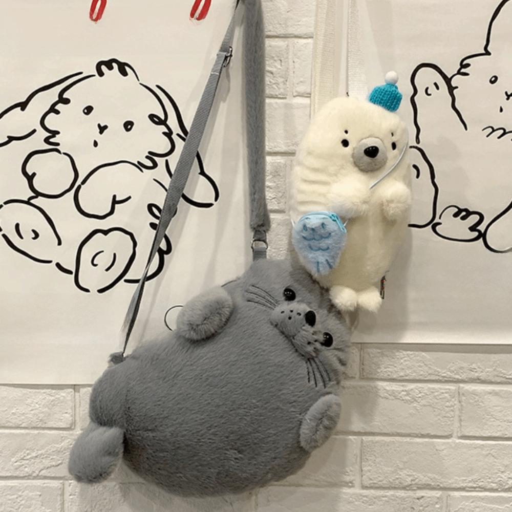 Fashion Soft Fluffy Cute Seal Shoulder Bag Cartoon Adjustable Straps Phone Bag Lightweight Fabric Handbag Women's Accessories