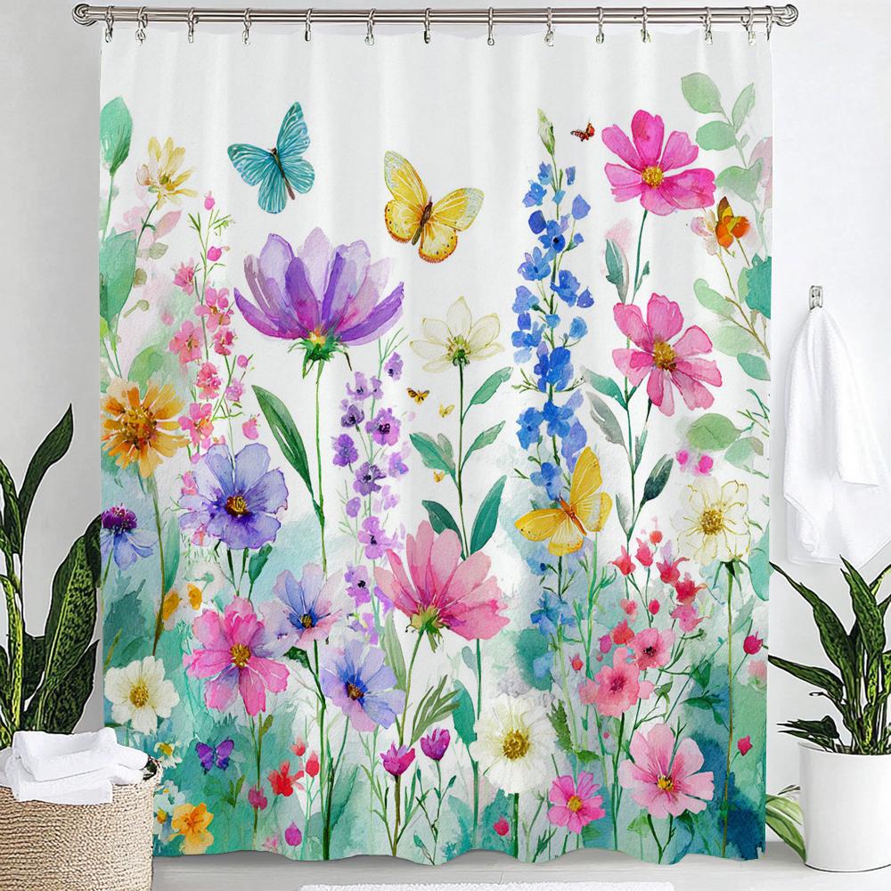 Colorful Flowers Shower Curtain for Bathroom Spring Floral Romantic Wildflower Plants Nature Scenery Decor Curtain with Hooks