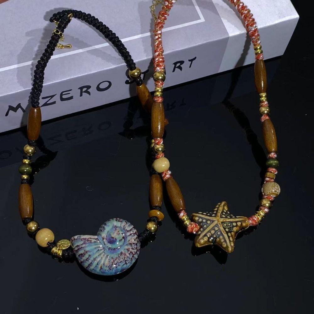 Starfish Ethnic Style Necklaces Cute Bohemian Drop Pendant Retro Ceramic Beads Necklaces  Women