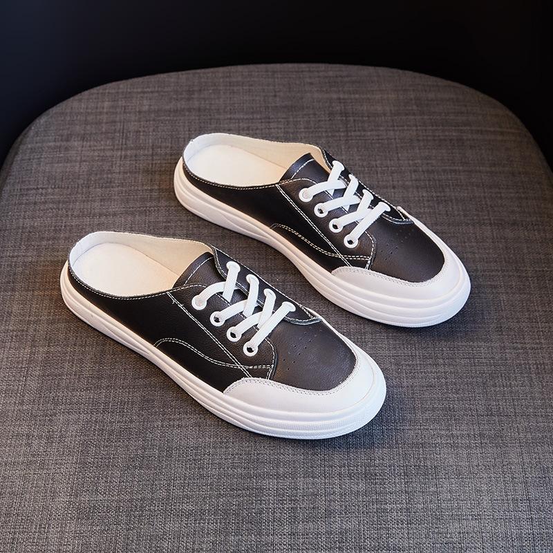 

Маленькие белые туфли из натуральной кожи Half Drag, женская обувь, верхняя одежда, новые летние сандалии Baotou из воловьей кожи на плоской подошве для женщин 40 чёрный