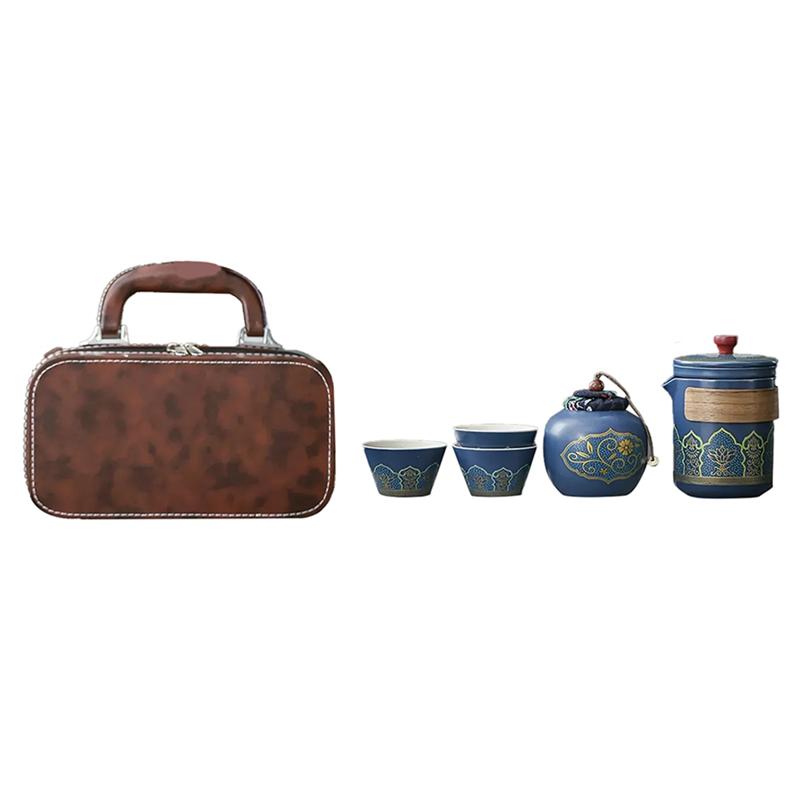 A95I-Portable Travel Tea Set 1Set Teapot Tea Canister Tea Cup Outdoor Quick Cup Leather Bag