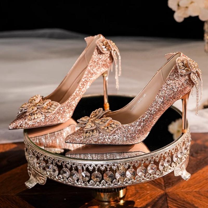 

Мода Женская Мода Туфли на Тонком Каблуке Весна Новые Остроносые С Мелким Вырезом Пайетки Бант-Бабочка Слипоны Износостойкие Высокие Каблуки 40