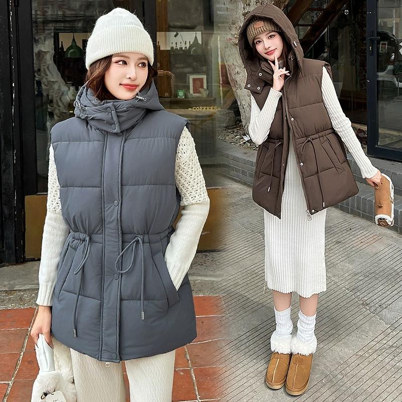 New Women's Cotton Vest Autumn Winter Cotton-padded Coat Parkas Korean Version Fashion Slim Hooded Cotton Vest Clip