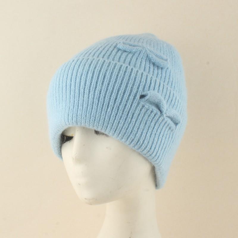 Womens Angora Wool Knit Beanie Hat With Bow Detail Winter Warm Cap High Crown Foldable