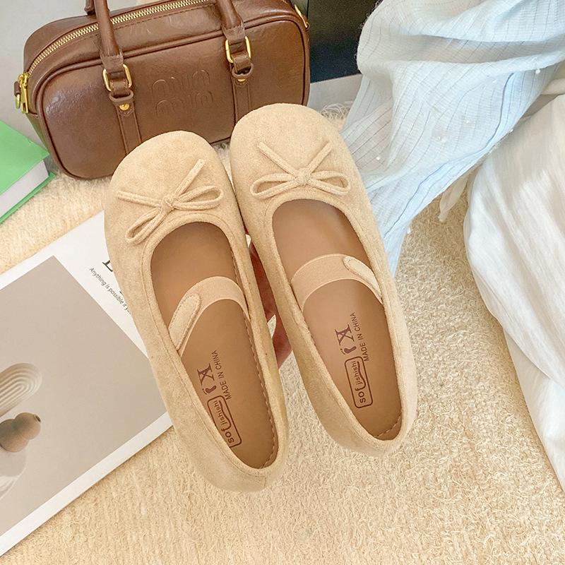 Spring and Summer Bow Light Mouth Single Shoes Women's Versatile Super Soft Flat Bottom One Word Belt Ballet Shoes