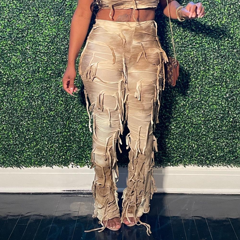 Neue Damen Herbst Tie-Dye Ausgefranste Jeans, Distressed Design Boho Streetwear Lässige Denim-Hose mit Fransen-Saum, Künstlerische Baggy-Hose