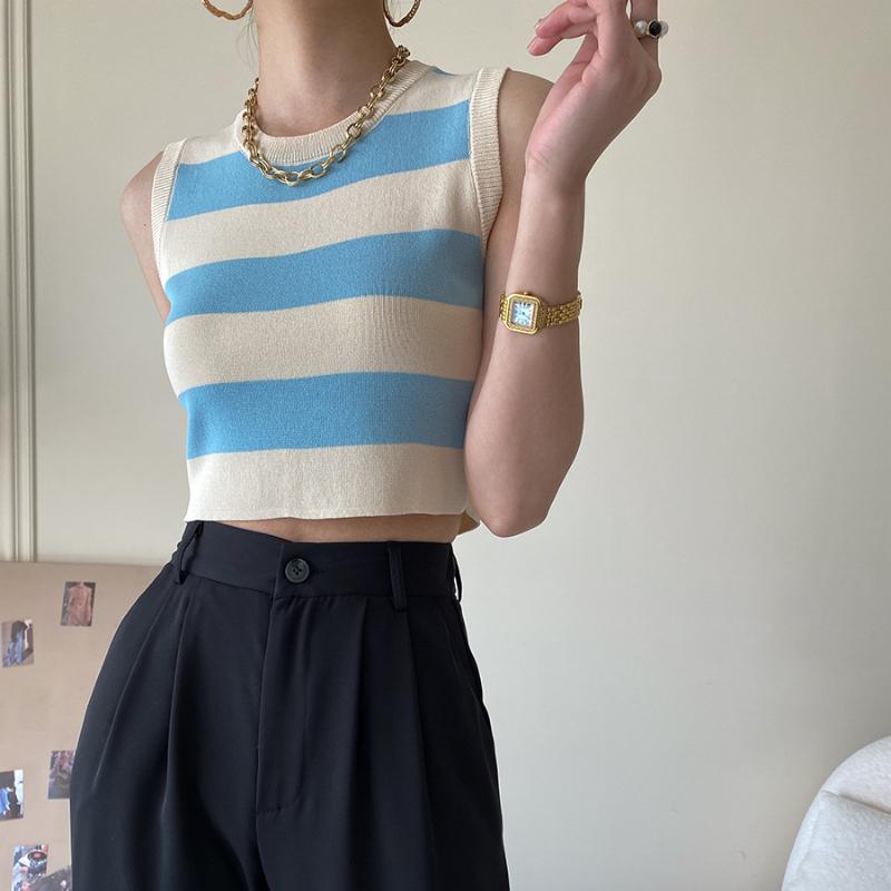 Sexy ribbestrikket tanktopp for kvinner Sommerstriper o-hals Ermeløse beskjæringsoverdeler Street Vintage koreansk moteskjortevest Y2K-klær