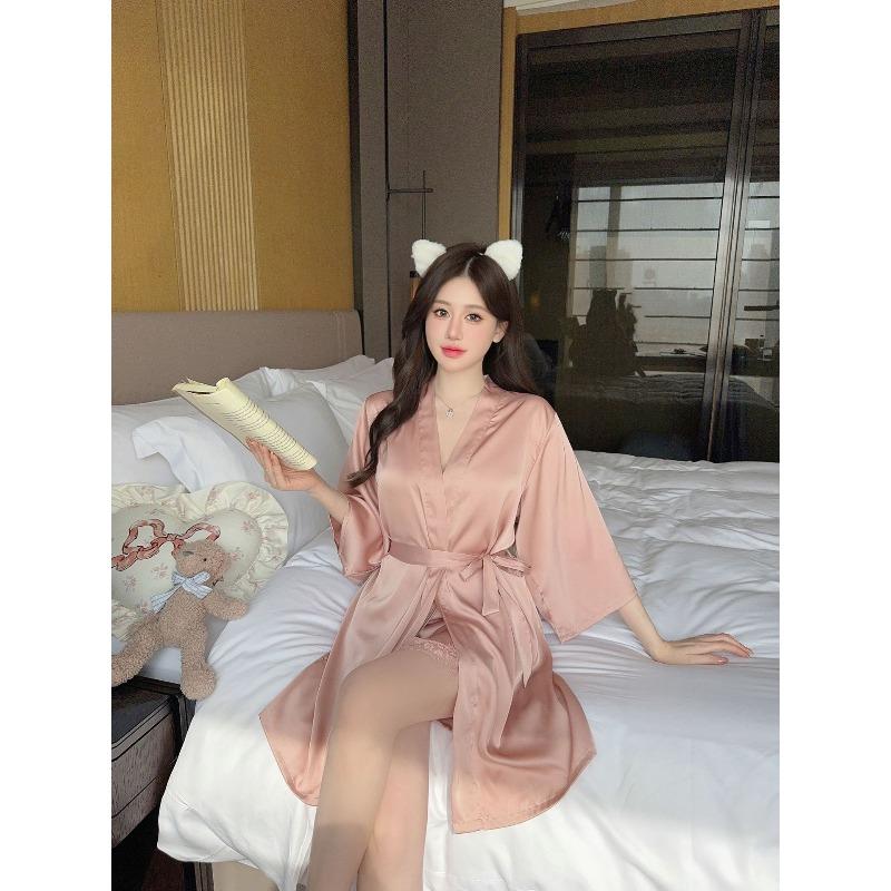 Spring and Summer New Women's Summer Loose Large Size Wedding Morning Robe Casual Single Nightgown Silk Bathrobe Robe