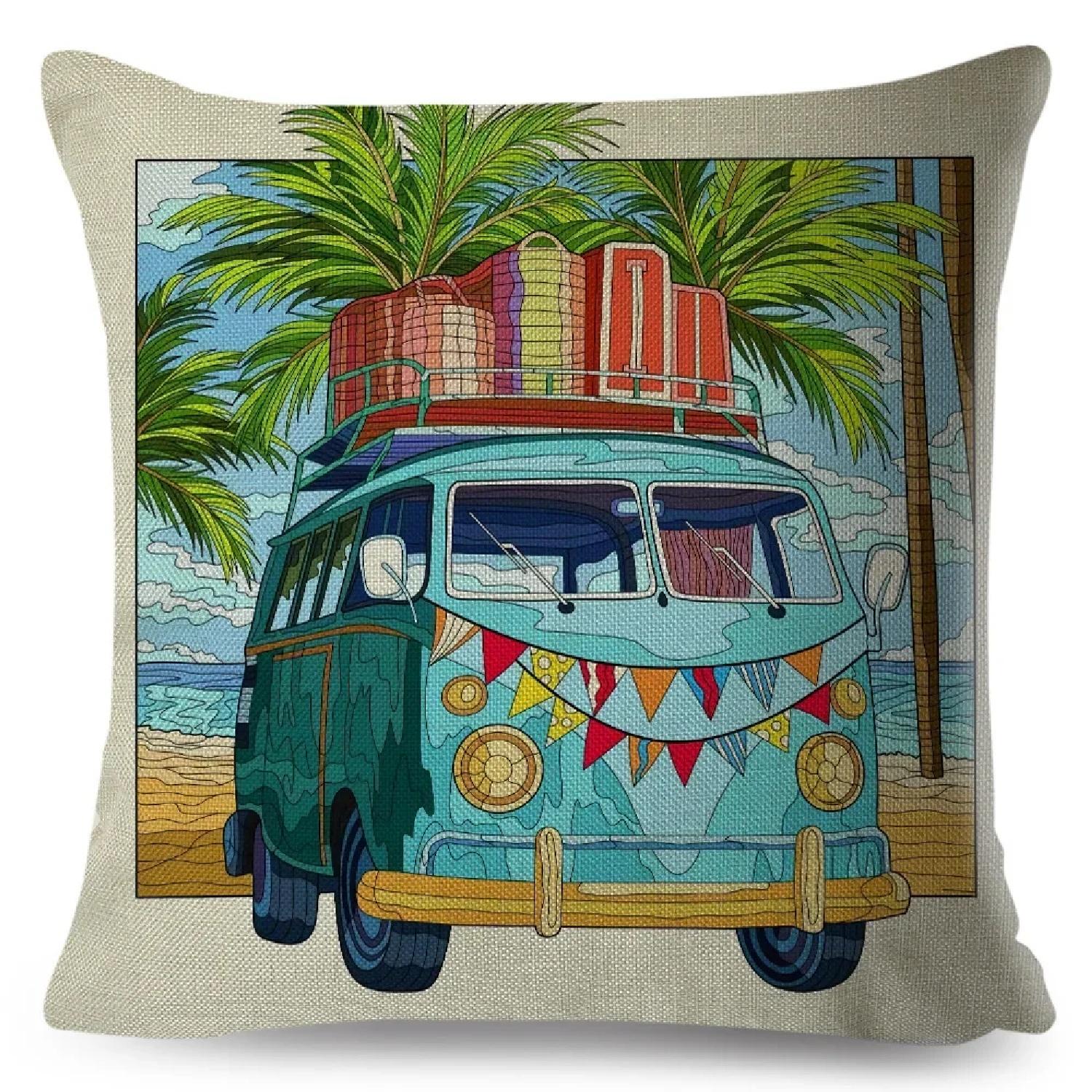 

Both Sides Van Life Pillow Case Decor Happy Camper Cartoon House Travel Car Cushion for Sofa Home Children Room Pillowcase,(1) 66x66cm