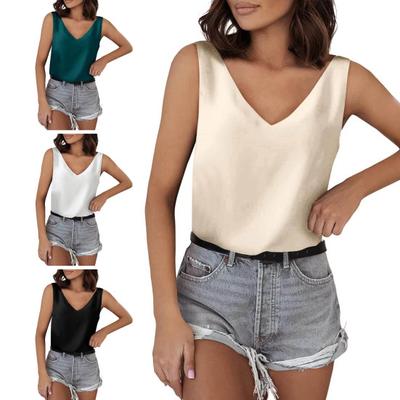 Women Summer Vest V-Neck Sleeveless Solid Color Tank Tops Loose Fit Satin Camisole Tops Versatile Casual