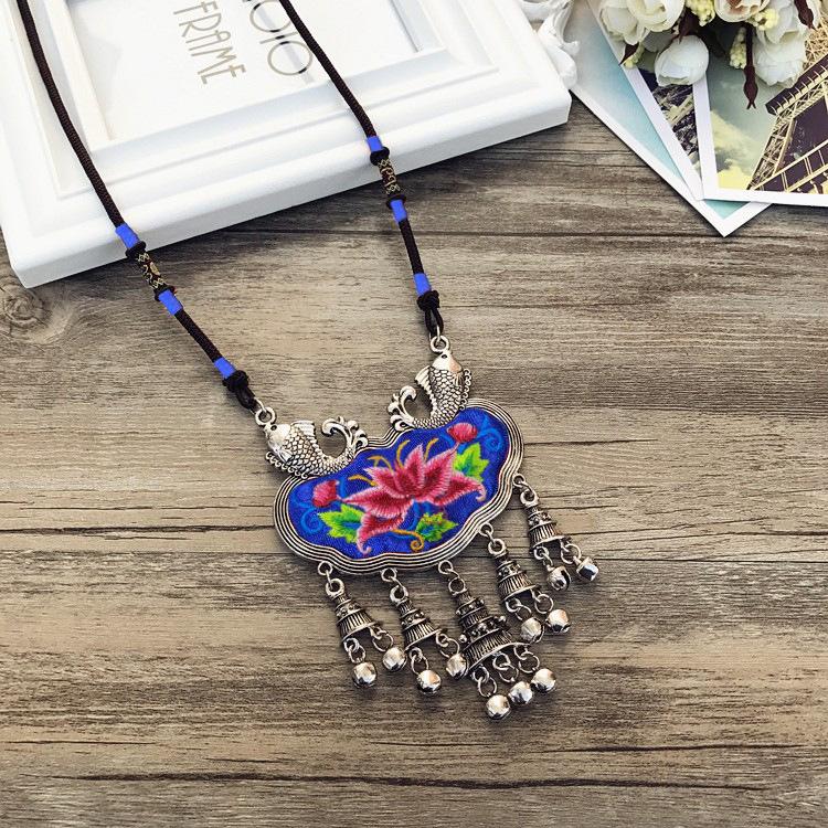 Retro Long Fashion Classical Embroidery Fringed Necklace Temperament Wind Chimes Pendant Miao Sweater Chain Accessories