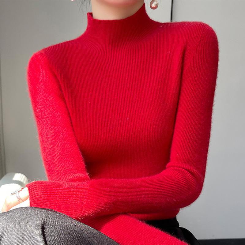 

Жіночий безшовний светр вузького в язання - напіввисокий комір, універсальний, осінь/зима M червоний