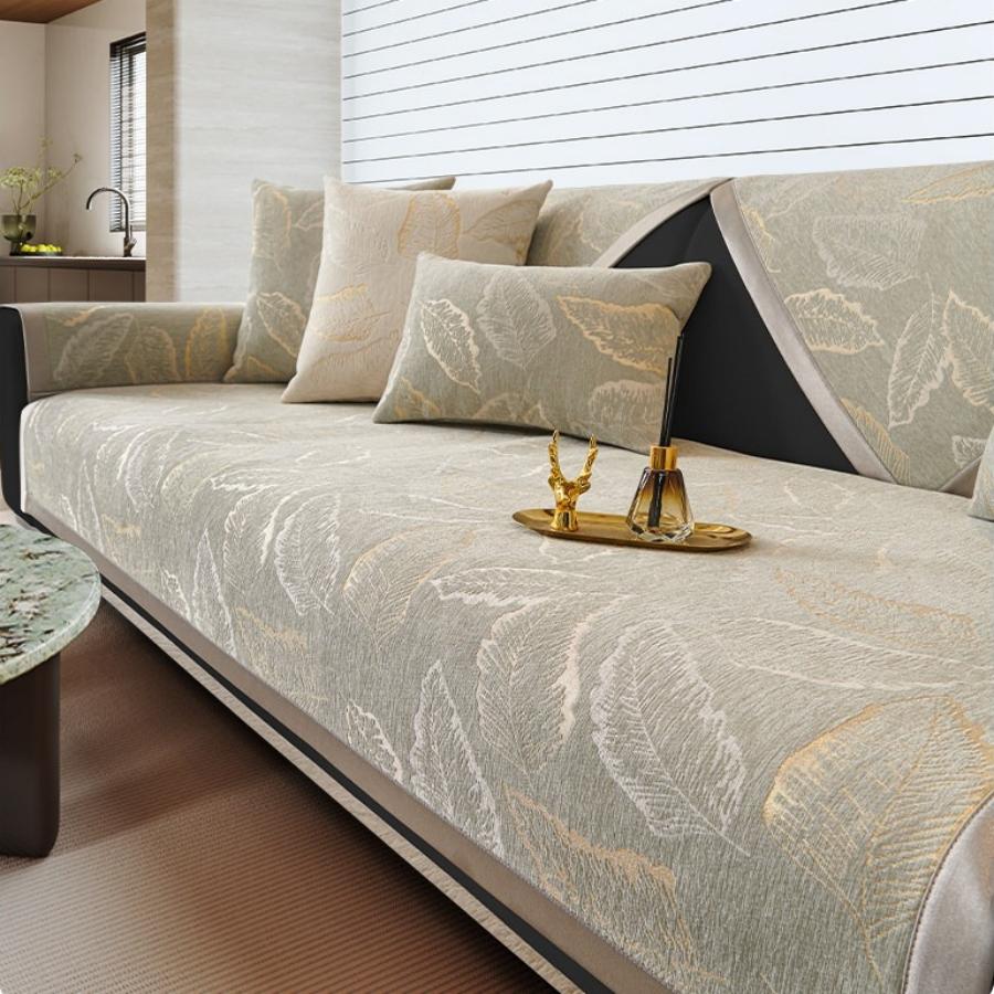 [Heavy Non-Slip Sofa Protector] Luxurious Shiny Leaves Jacquard Chenille Sofa Cover With Decorative Stitching, Thick, Sofa Towel