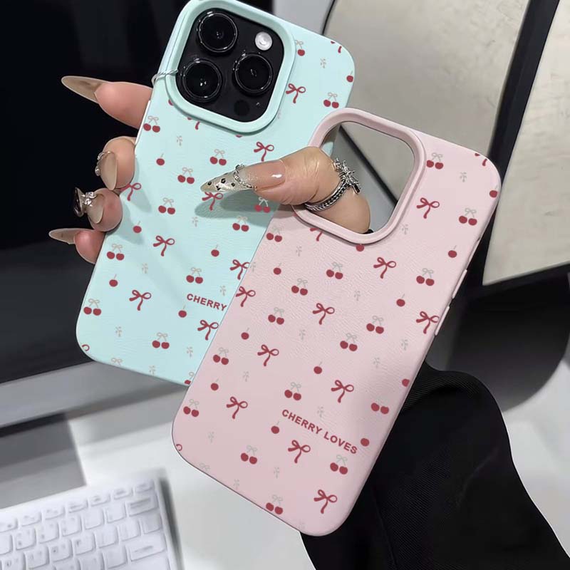 Cherry Blossom Lichee Pattern Silicone Phone Case For iPhone 16 Pro Max 15 14 Plus 13 12 11 XS X XR 16e With a Bow Design Cover