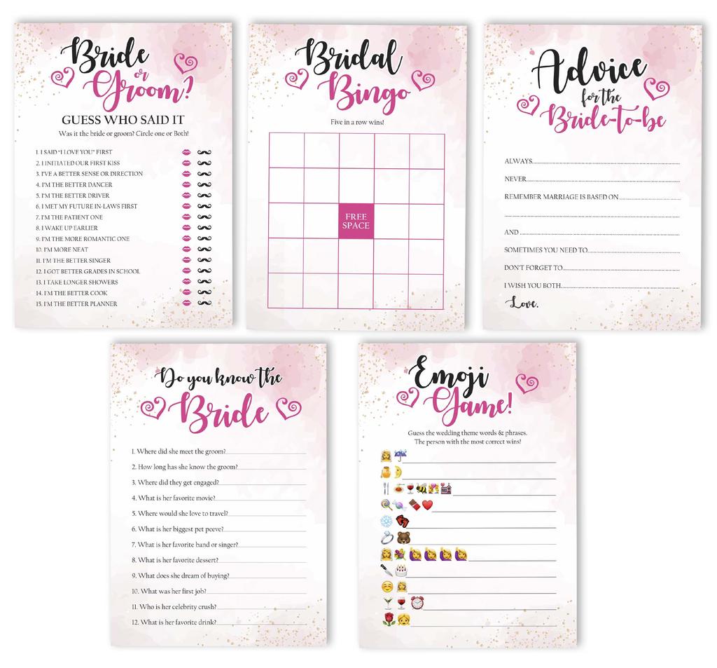 Inkdotpot Watercolor Splash Theme Bridal Shower Games Set of 5 (Activities for 50 Guests) Fun Bachelorette Party Games Set Bundle