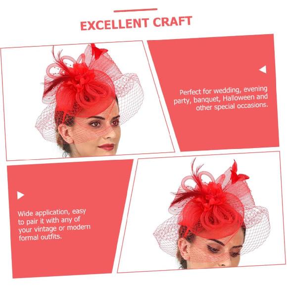 Alasum Mesh Floral Clip Headband, Red Cocktail Hair Accessory for Women, Wedding Tea Party Special Occasion Headwear