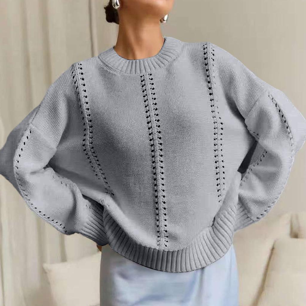 Women's Fashionable Casual Loose Lazy Style Hollow Pullover Long Sleeve Round Neck Sweater