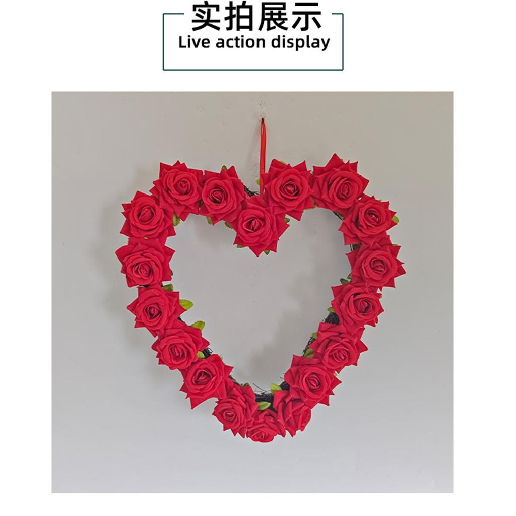 Artificial Rose Wreath Heart Shaped Floral Rose Artificial Garland Door Wreath For Home Party Wedding Valentine's Day Decoration, Red Rose