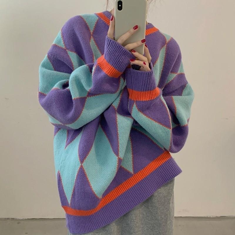 Autumn Women’s Pullovers Casual Long Sleeve Loose Sweater Fashion Diamond Pattern Round Neck Knitwear Winter Warm Streetwear