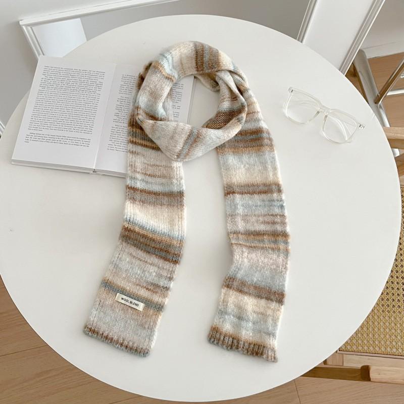 Cozy Knit Scarf Women Winter Warmth Creamy Pastel Color Block Style Soft Wool-Like Neck Wrap