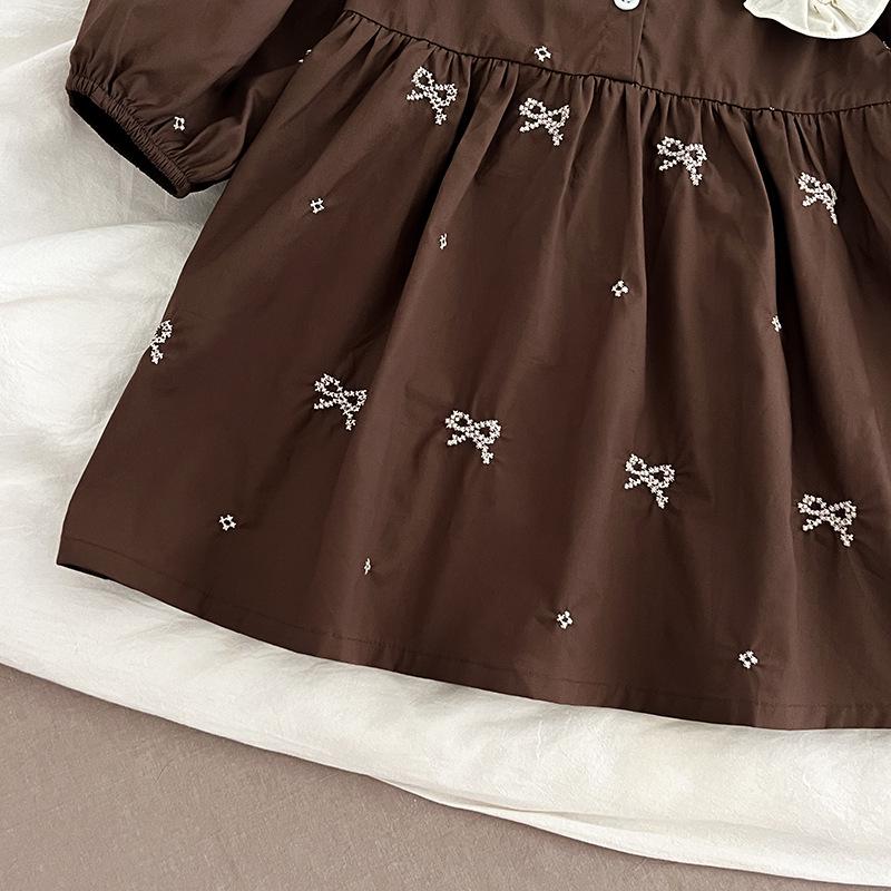 Mädchen-Kleid im koreanischen Stil mit langen Ärmeln und Stickerei in Form einer Schleife für Frühling & Herbst