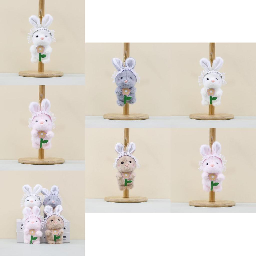 Adorable Plush Bunny Keychain Cute Flower Holding Rabbit Doll Bag Charm Toy 17cm
