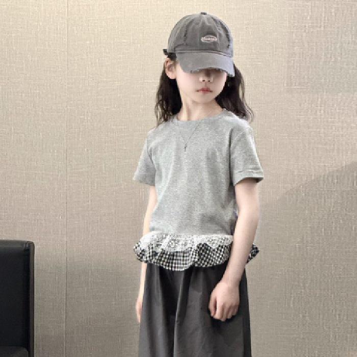 2026 Korean Style Girls Summer Short Sleeve Casual Patchwork T-shirt 170 cm