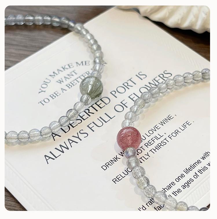 Qiaoen Women's Crystal Bracelet: Gray Moonstone, Strawberry Quartz & Green Rutilated Quartz, Extremely Fine 3mm Beads, Unique Niche Design