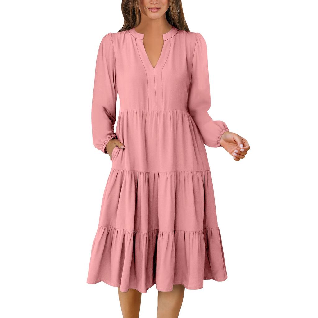 Women's V-Neck Flowing Layered Bohemian Long-sleeved Solid Colour Dress