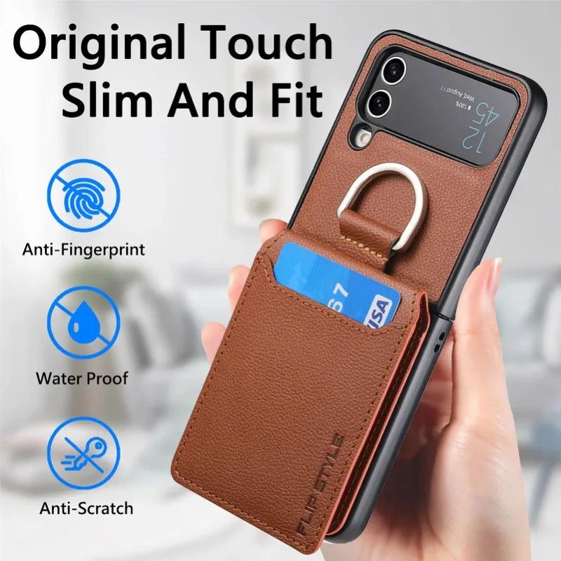 multifunction Card Slot Lychee leather Phone Case for Samsung Z Flip 6 5 4 3 7 5G Ring Holder Shockproof Back Cover for Z Flip6