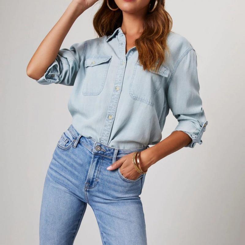 Simple Versatile White Denim Long Sleeve Casual Shirt for Women