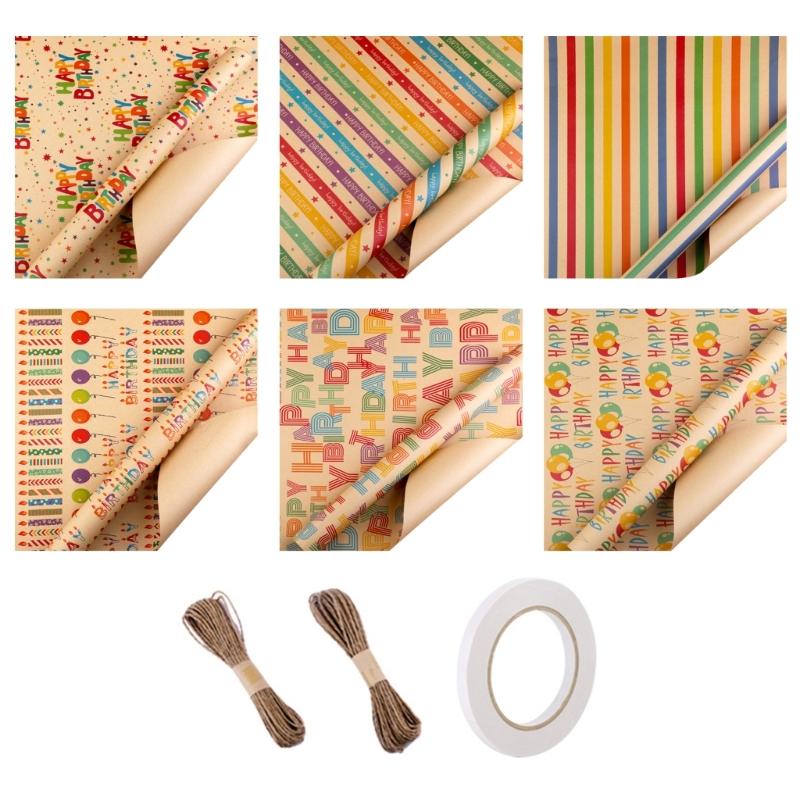 Birthday Gift Wrapping Paper Set Unique Birthday Gift Patterned Wrapping Paper with Tape Card and Straw Rope