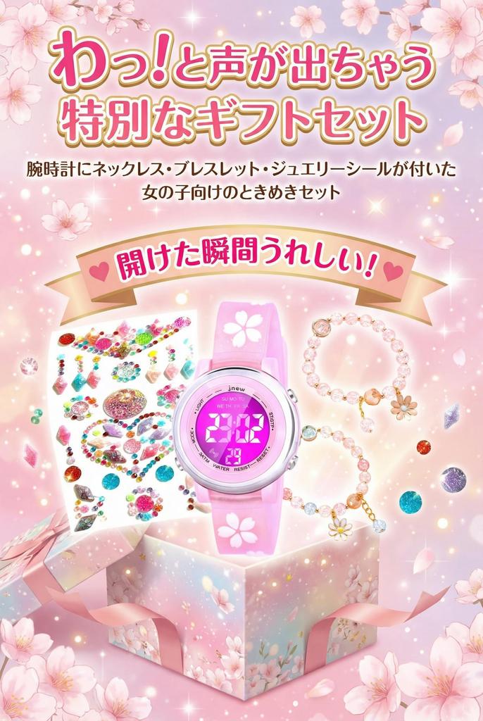 Girls' Digital Watch, Kids' 7 Color LED, Waterproof, Stopwatch, Alarm, Jewelry Set, Necklace, Bracelet, Stickers, Gift, Present (Sakura)