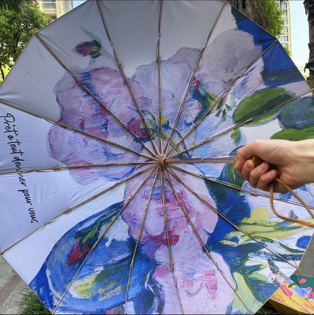 16 bone three-fold gold glue hand open wooden handle oil painting umbrella sun protection UV protection umbrella